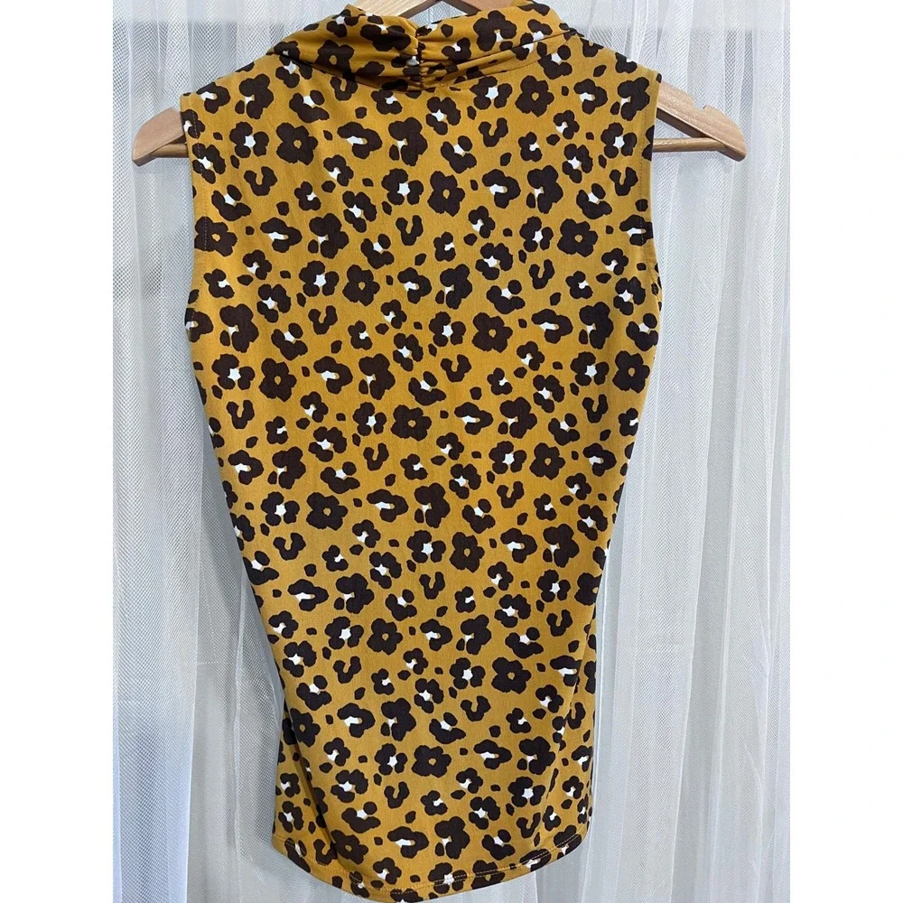 Carmen Marc Valvo‎ Womens Leopard Floral Cowl Neck Sleeveless Top Mustard XS - Picture 3 of 3